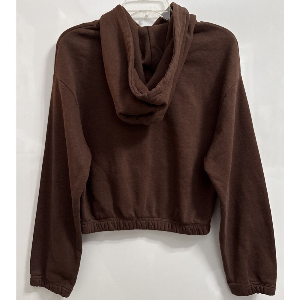Zara Small Hoodie Crop Brown Long Sleeve Sweatshirt Pullover Elastic Hem - Picture 2 of 6